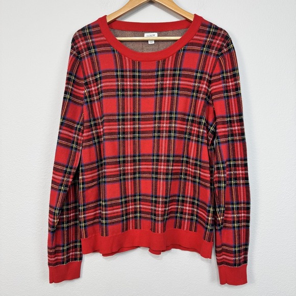 J.CREW Sweaters - J.Crew Tartan Jacquard Pullover Sweater Women's XL Red Tartan Plaid 100% Cotton